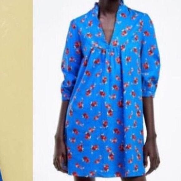Zara Emma Dress Blue with Red Flowers Size Small - Picture 1 of 10